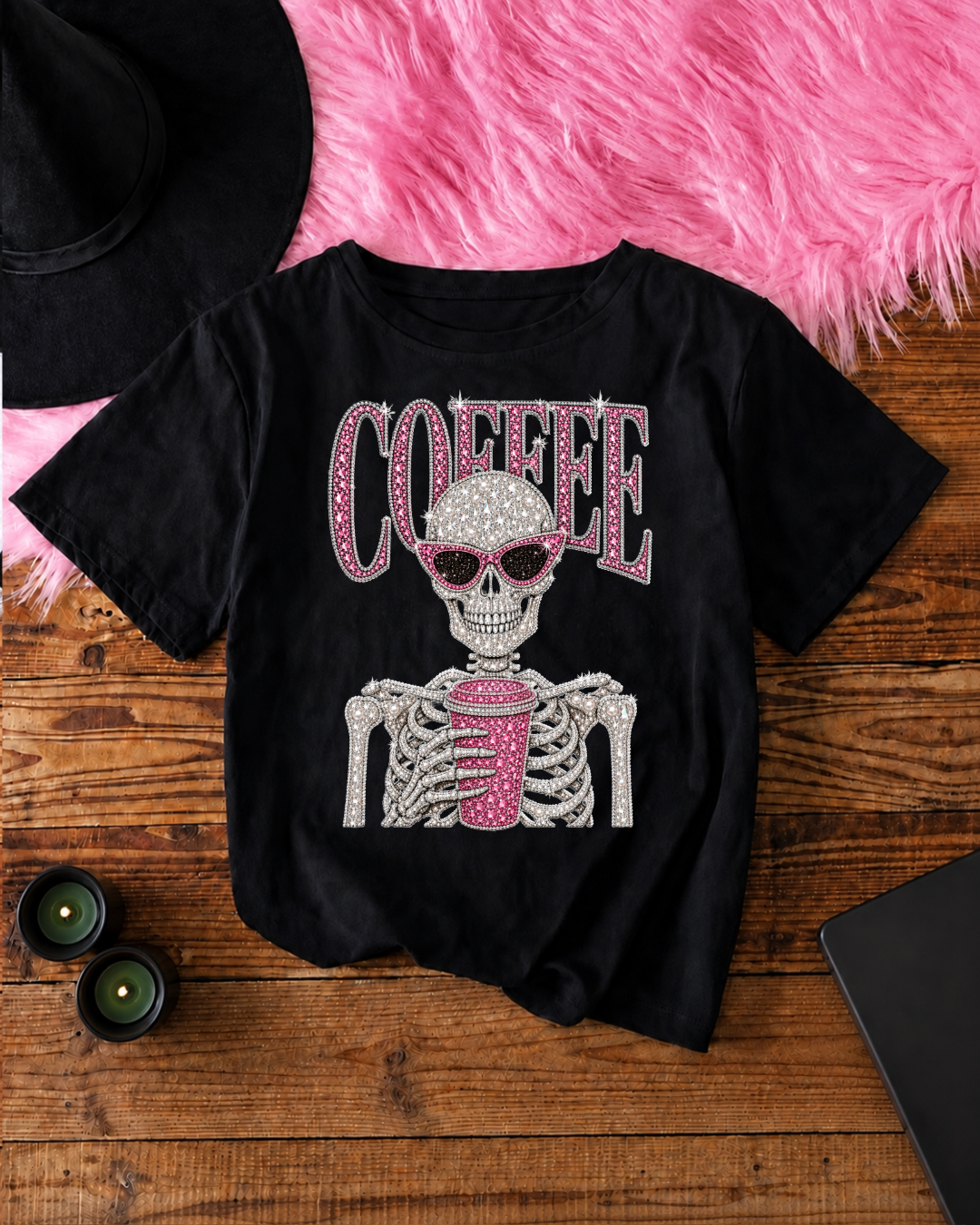 Coffee Skeleton Halloween Shirt – Faux Rhinestone Tees