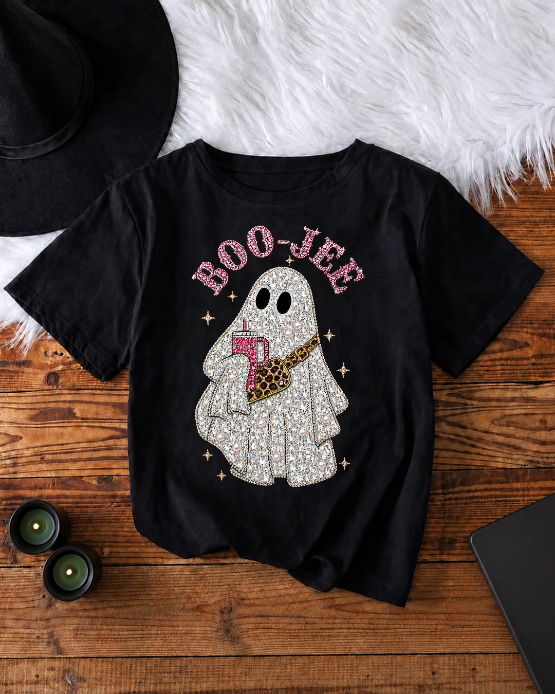 Boo-Jee Ghost Halloween Shirt – Faux Rhinestone Bling Tee